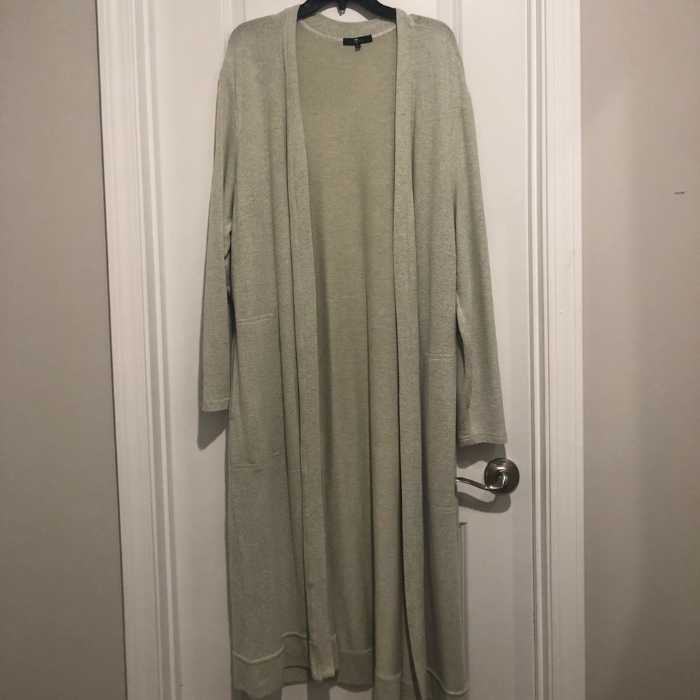 7 For All Mankind Gray Long Line Open Front Cardigan Duster with Pockets